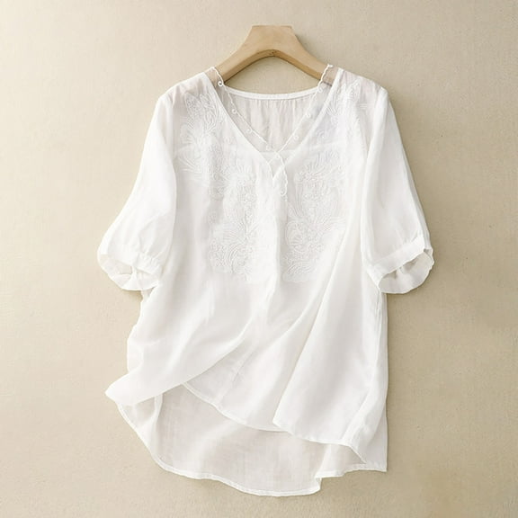 Njoeus Workout Tops for Women, Shirts for Women Women Linen Shirts Elegant Embroidered Blouses Casual Loose Short Sleeve V-Neck Tunic Tops for Women Summer Cotton T-Shirt M-XXL