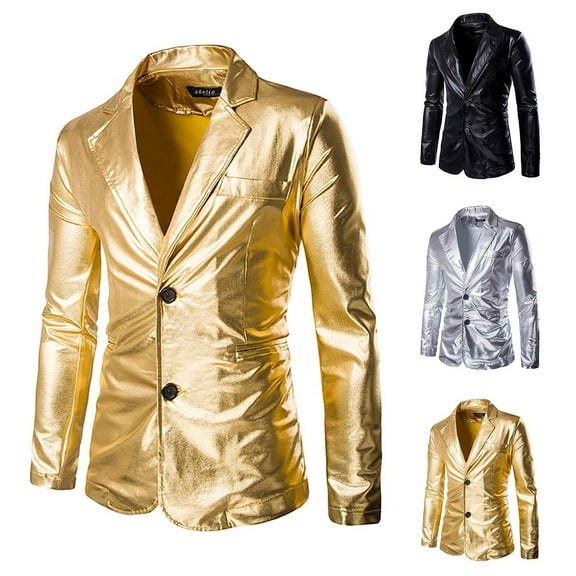 UVEASISHA Mens Gold Suit Jacket Slim Fit Single Breasted Party Jackets Lightweight Fashion Sequin Shiny Blazers for Wedding Dinner Prom Christmas Sales Today,Gold,L