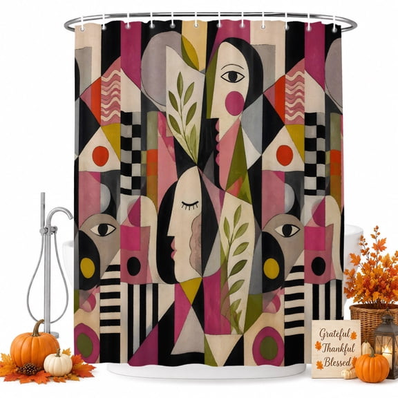 Boho Middle Century Shower Curtain Set - Extra Long 72" x 96" Washable Bathtub Curtain with 12 Hooks, Abstract Art Face Geometric Vintage Waterproof Fabric Stall Shower Curtains for Bathroom Décor