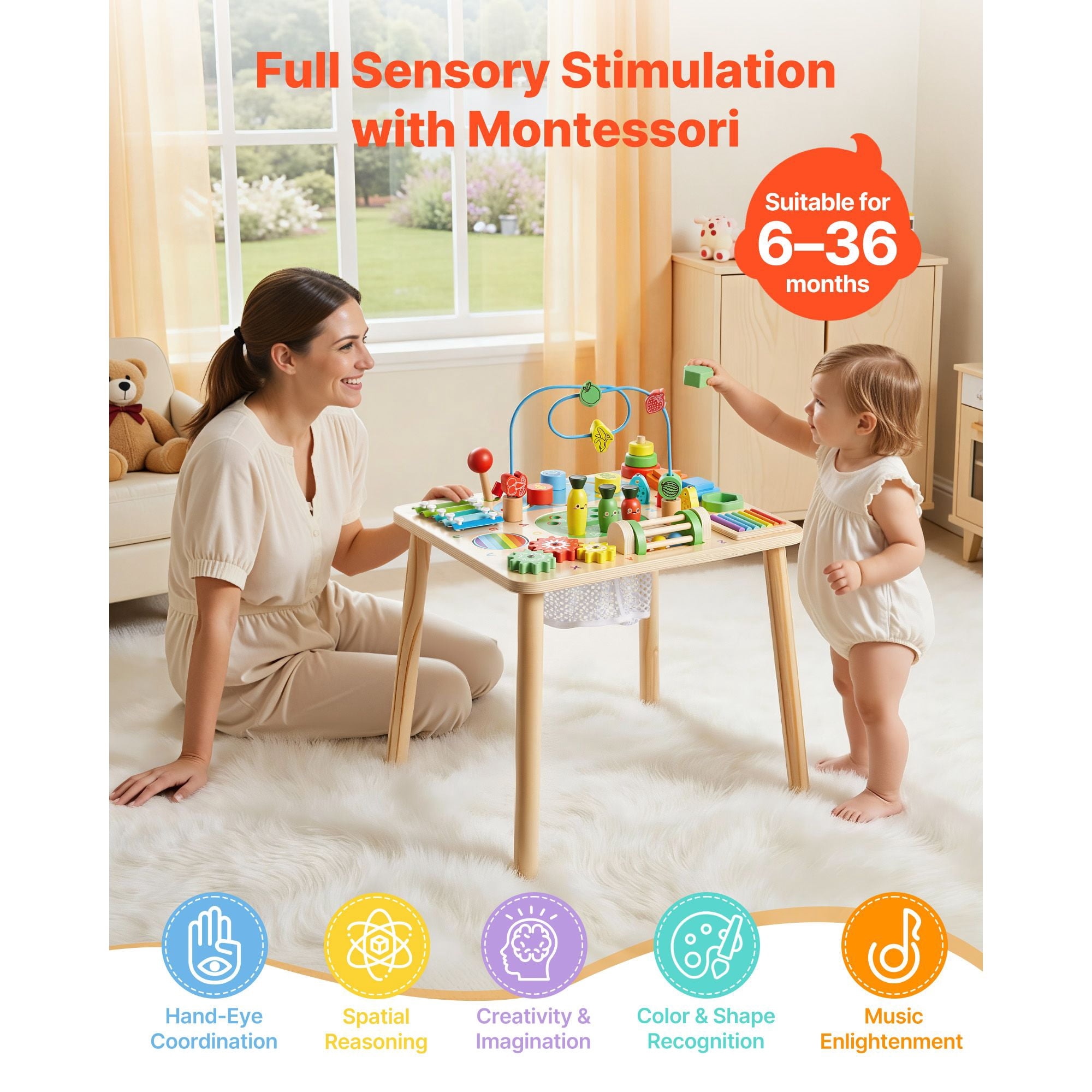 Montessori Activity Table for Toddler 1-3 Years Old, 13 in 1 Wooden Learn Activity Desk, Baby Play Table for Boys & Girls Aged 6+ Months, Great Birthday, Christmas, Children's Day Present