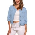 thumbnail image 1 of CHAQUETA DE JEAN DENIM SIN CUELLO Y CON BOTONES PARA MUJERES CHIC DE VERANO CON MANGAS 3/4 L AZUL CLARO, 1 of 5