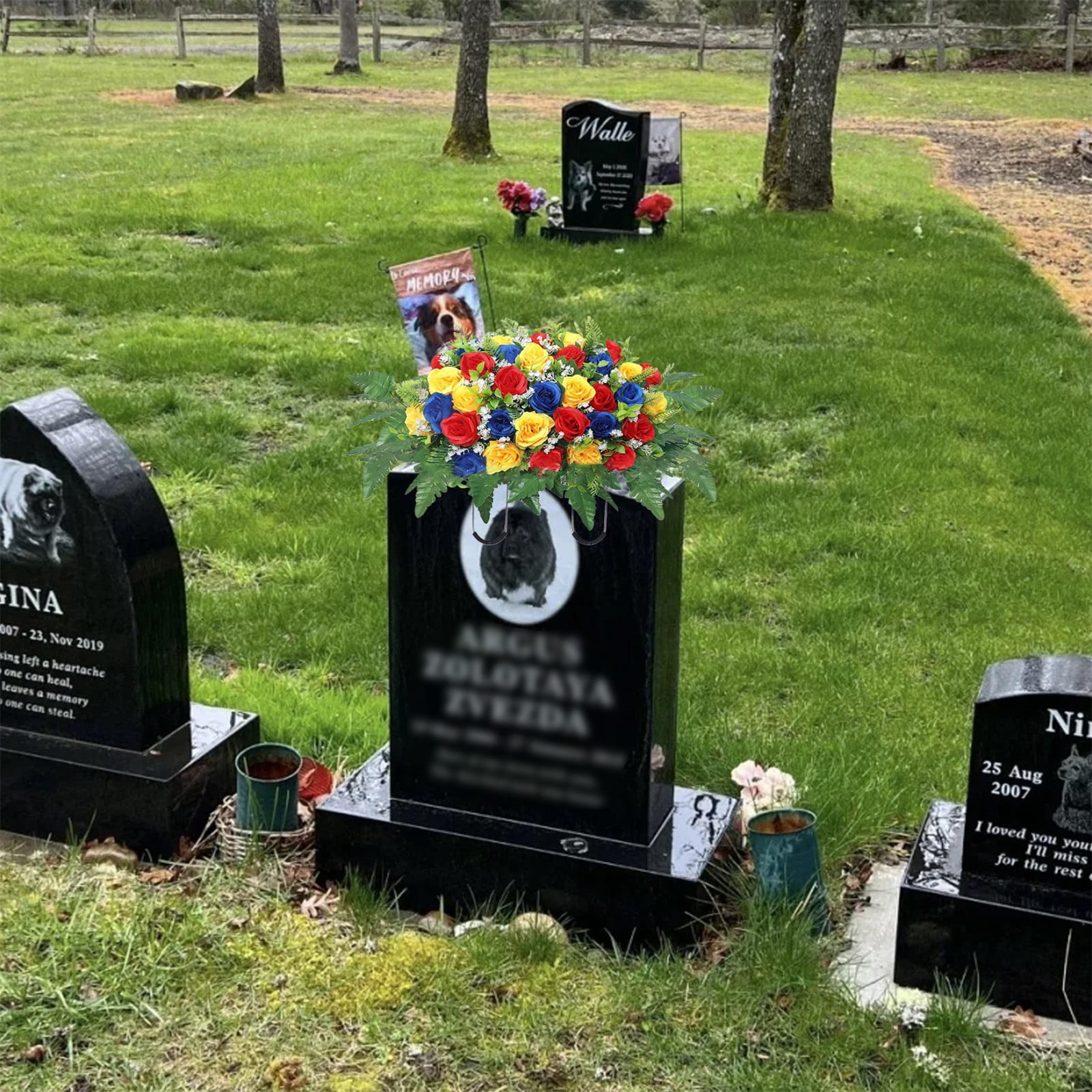 XJGHHSY 1 Pcs Artificial Cemetery Flower Saddles, Rose Headstone Flower Saddle,Cemetery Memorial Flowers for Outdoor Grave tombstone Decorations,Blue