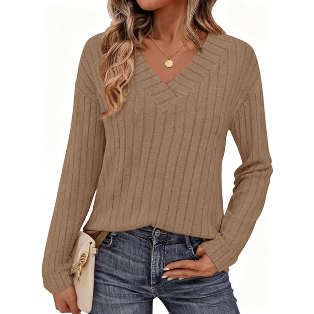 Remera PRETTYGARDEN Cuello en V Tejido Acanalado Ligera Marrón XL