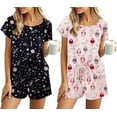thumbnail image 1 of Ensemble de Pyjama 2 Pcs pour Femmes Manches Courtes Vêtements de Nuit Doux Col Rond Ensemble de Shorts Imprimés avec Poches P-TTG, 1 of 5