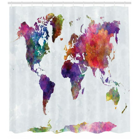 Watercolor Shower Curtain, Multicolored Hand Drawn World Map Asia Europe Africa America Geography Print, Fabric Bathroom Set with Hooks, Multicolor, by