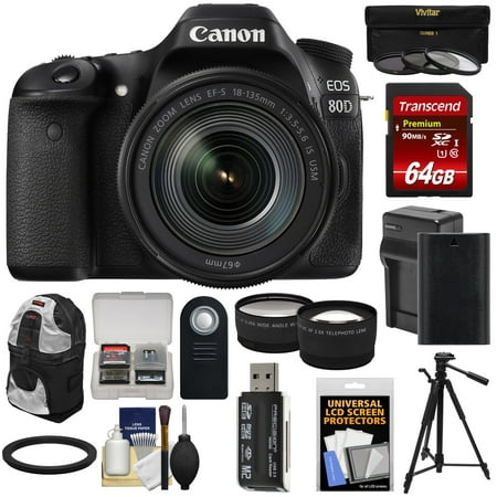 Canon EOS 80D Wi-Fi Digital SLR Camera + 18-135mm IS USM Lens with 64GB Card + Battery + Charger + Backpack + Tripod + Filters + Tele/Wide Lens