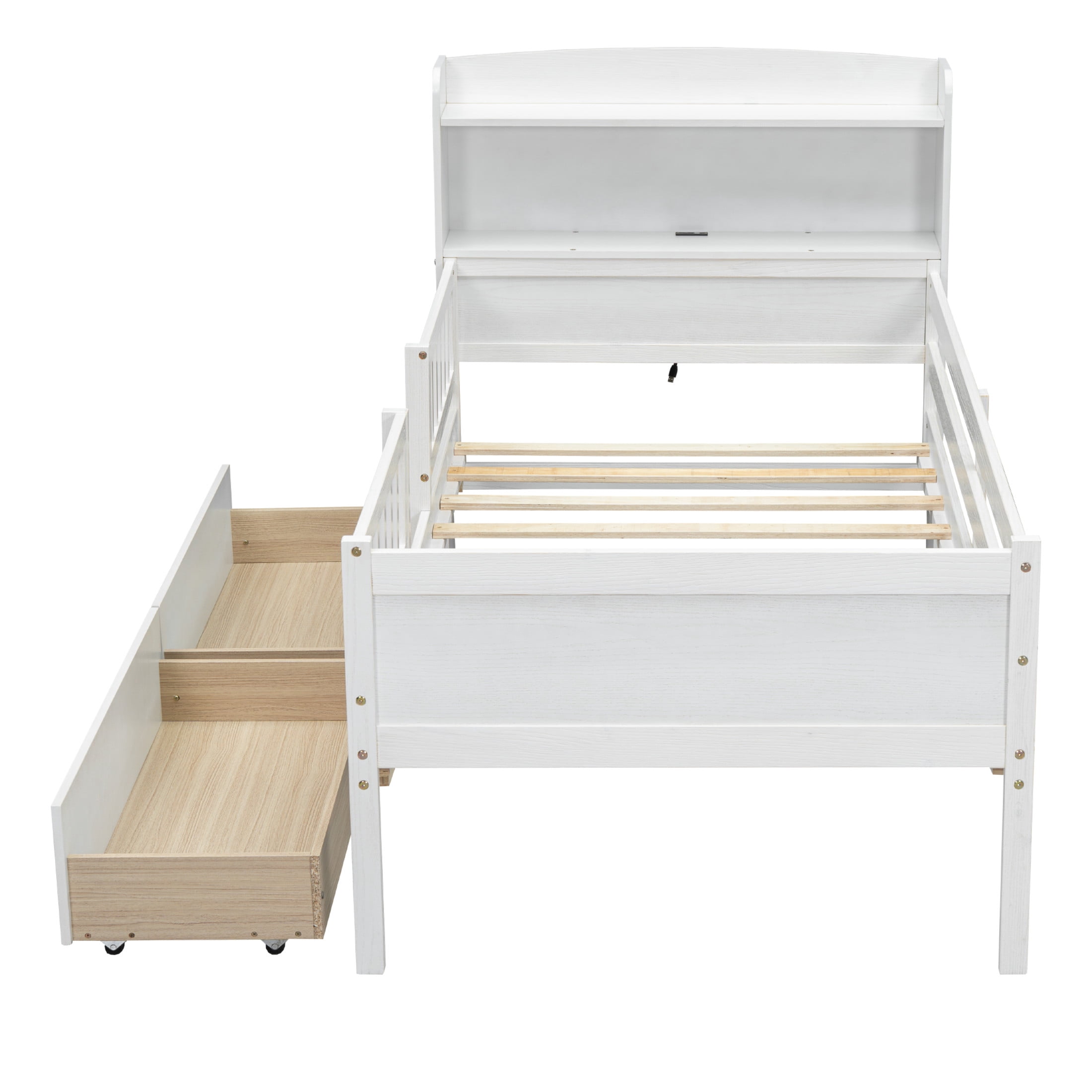 Noble House Twin Multi-functional Platform Bed with LED Lighting, Storage Drawers, and Charging Station, White