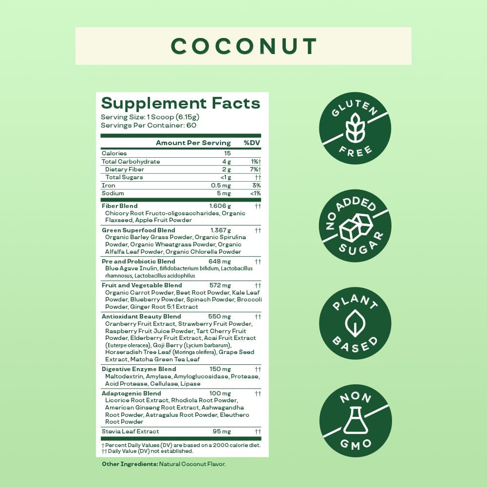 Bloom Nutrition Greens & Superfoods Powder, for Digestive Health, Coconut, 60 Servings