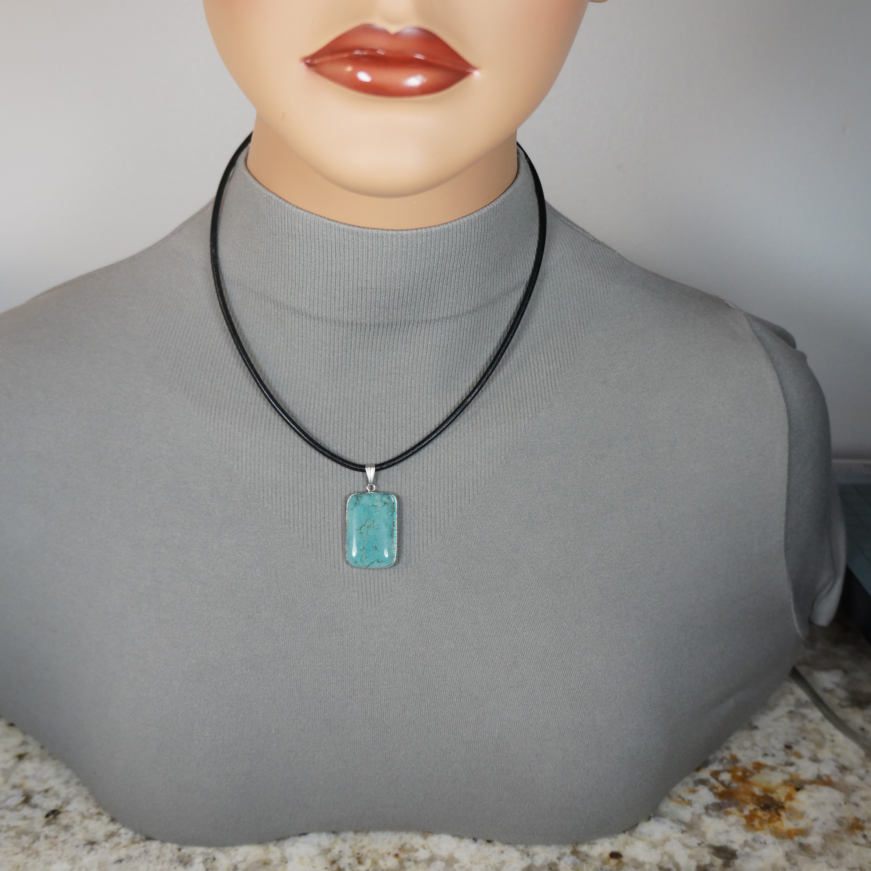 Unisex Turquoise Magnesite & Black Greek Leather Cord Necklace 24 inch