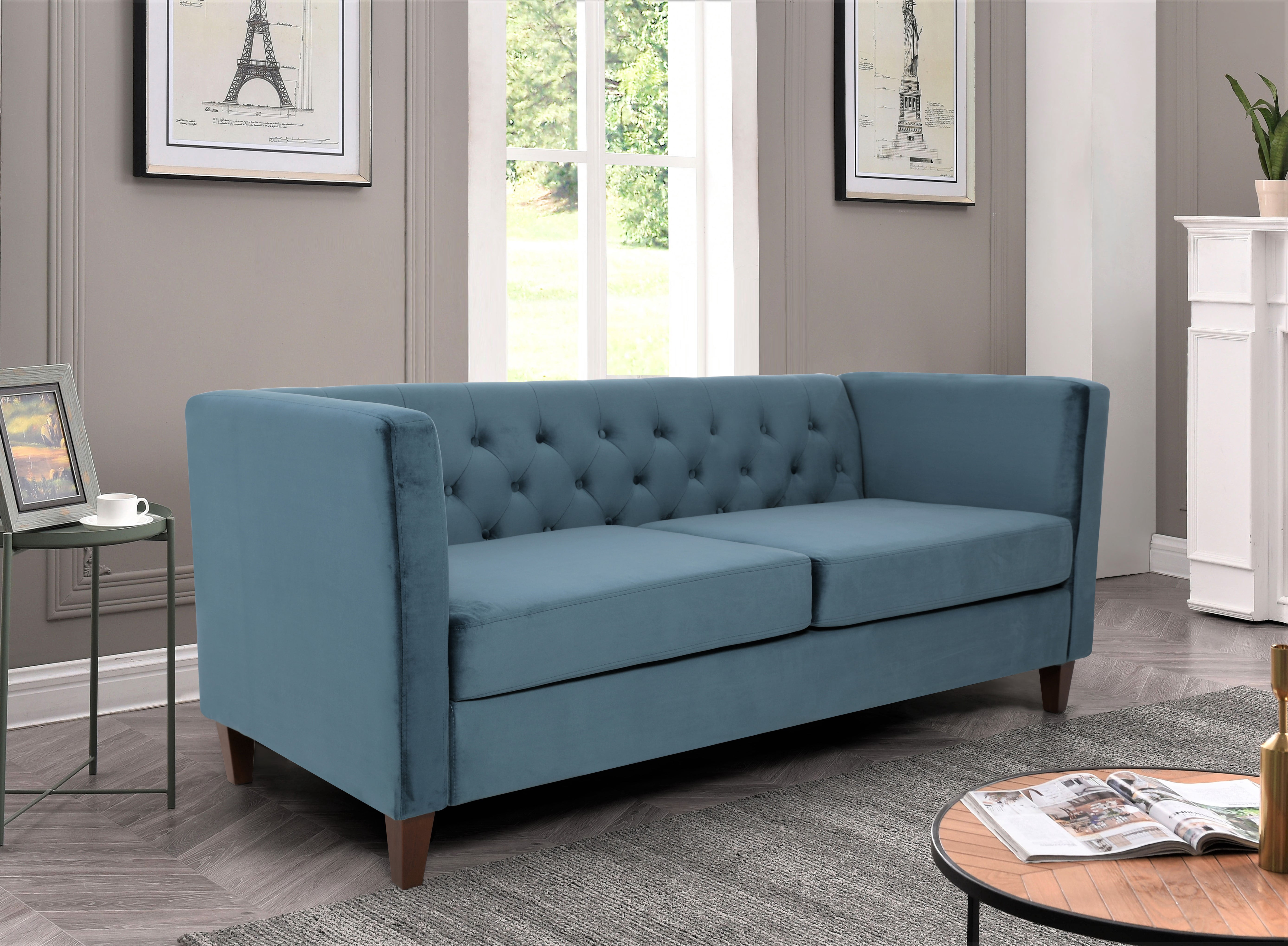 Uspridefurniture Lisette 73.3'' Velvet Square Arm Sofa,Blue