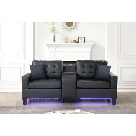 85 - Inch Black PVC Sofa with 2 Seats | LED Lights Create Ambiance, USB Ports for Devices | Tufted Cushions for Plush Feel | Storage Console Solves Storage Problem