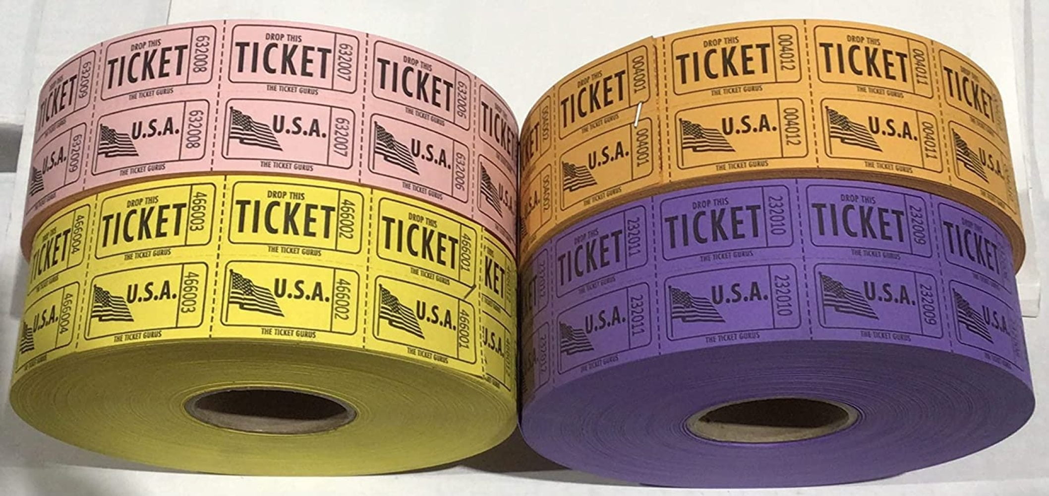 The Ticket Guru-Raffle Tickets - 8,000 Total 50/50 Raffle TicketsUSA Flag Design Yellow/Pink/Orange/Magenta 4 Rolls of 2000 Double Tickets 