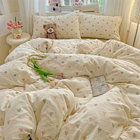 Soft and Breathable Floral Print Bedding Set - 4pcs Light Beige Duvet Cover, Bed Sheet, and Pillowcases for All-Season Comfort