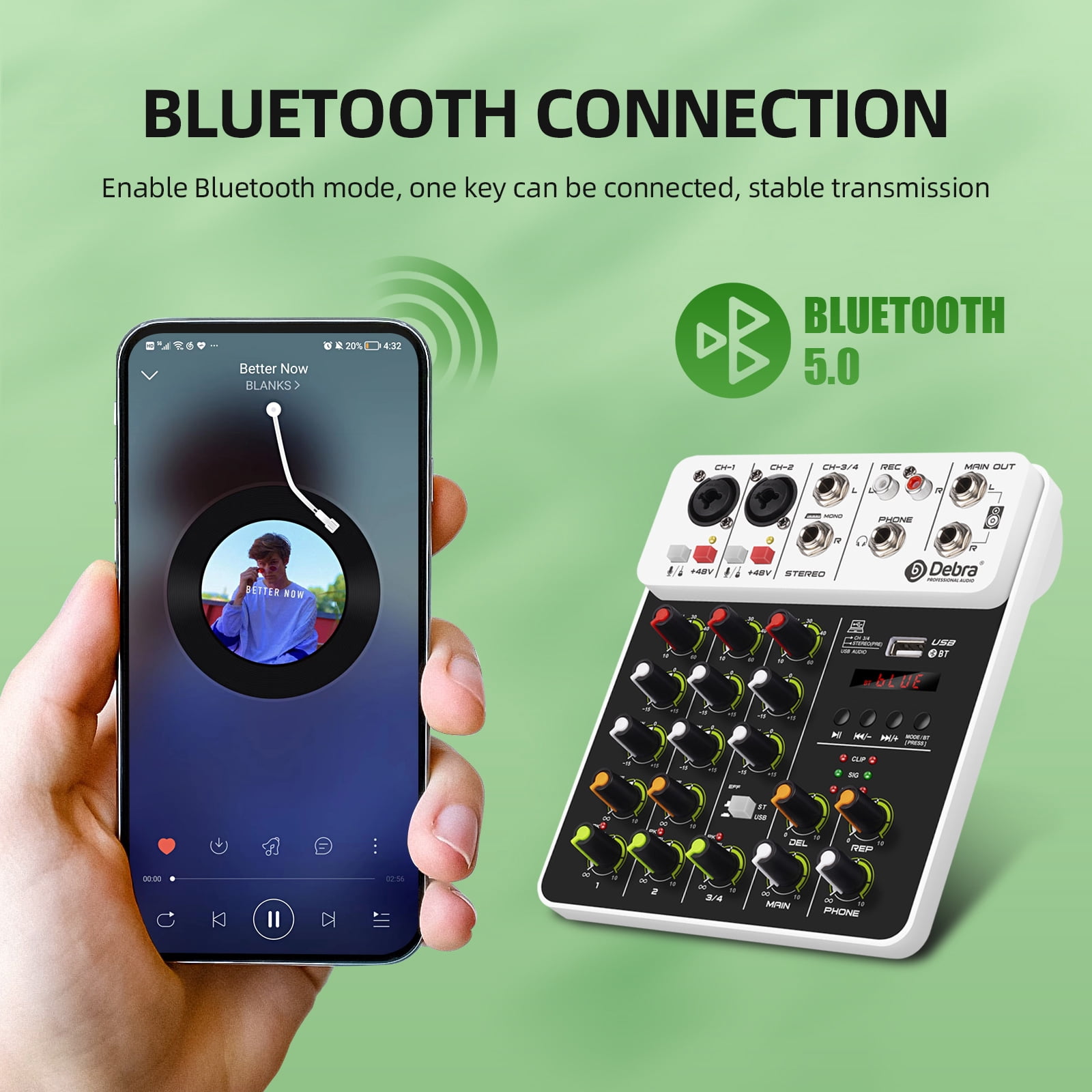 Audio Mixer D Debra Audio  V4 4-channel Audio Mixer with Per Mics, MP3/USB Bluetooth, 48V Phantom Power for Live, Wedding, Party, Recording Broadcast