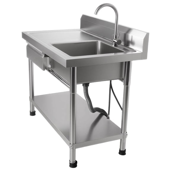 Stainless Steel Commercial Utility Sink with Drawer & Cold and Hot Water Pipe, Outdoor Freestanding Kitchen Sink, Freestanding Utility Sink , 40 Inch for Garage & Restaurant