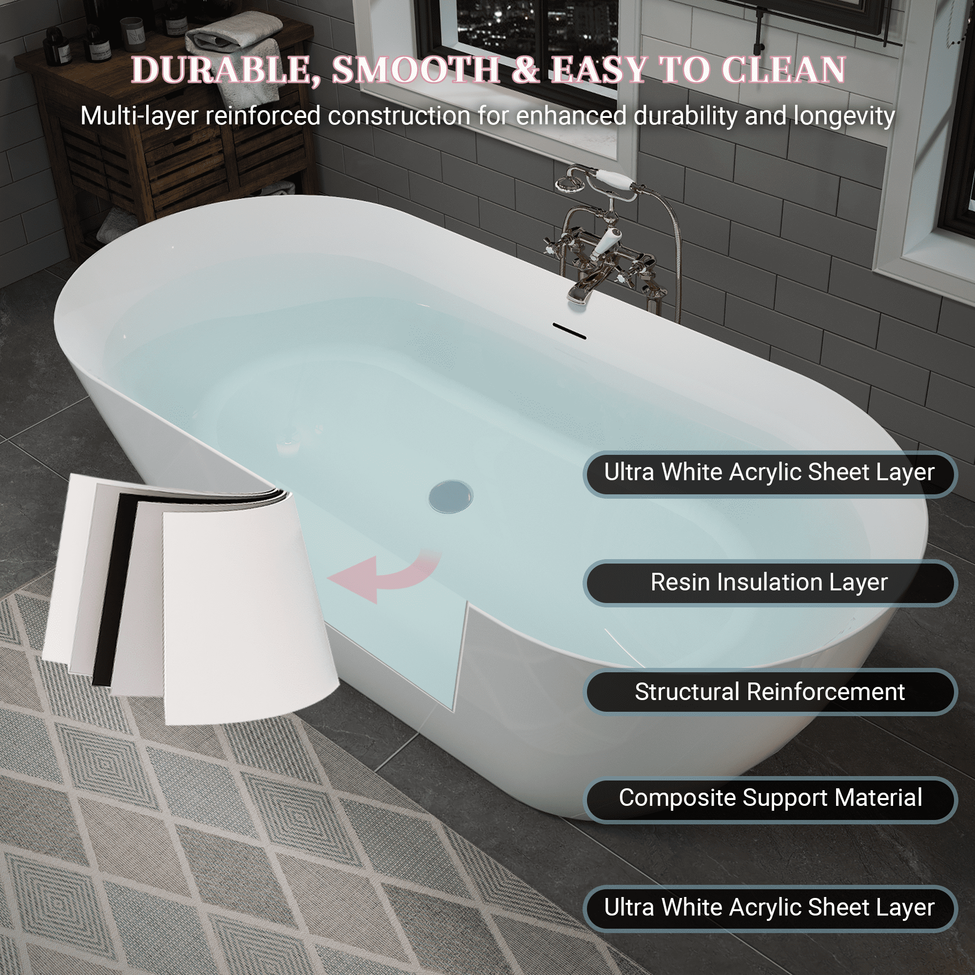 LiviNest 60" Acrylic Freestanding Bathtub: Oval Deep Soaking Tub with Heat Retention & Pop-up Drain - Contemporary Stand Alone Bath Tub for Luxury Hotel Spa & Home Upgrade, Glossy White Finish