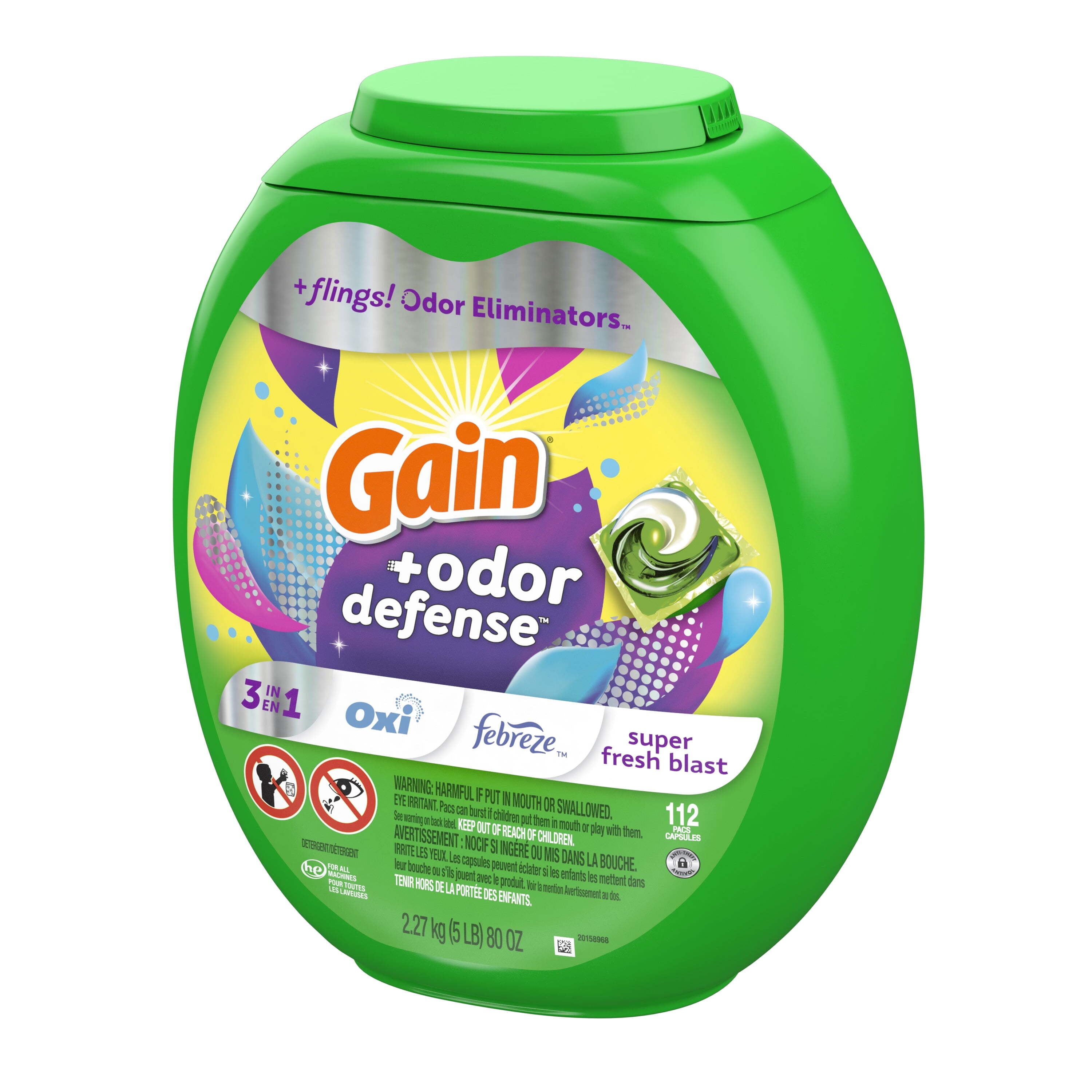 Gain Flings Laundry Detergent Pacs with Odor Defense, Super Fresh Blast Scent, 112 Count