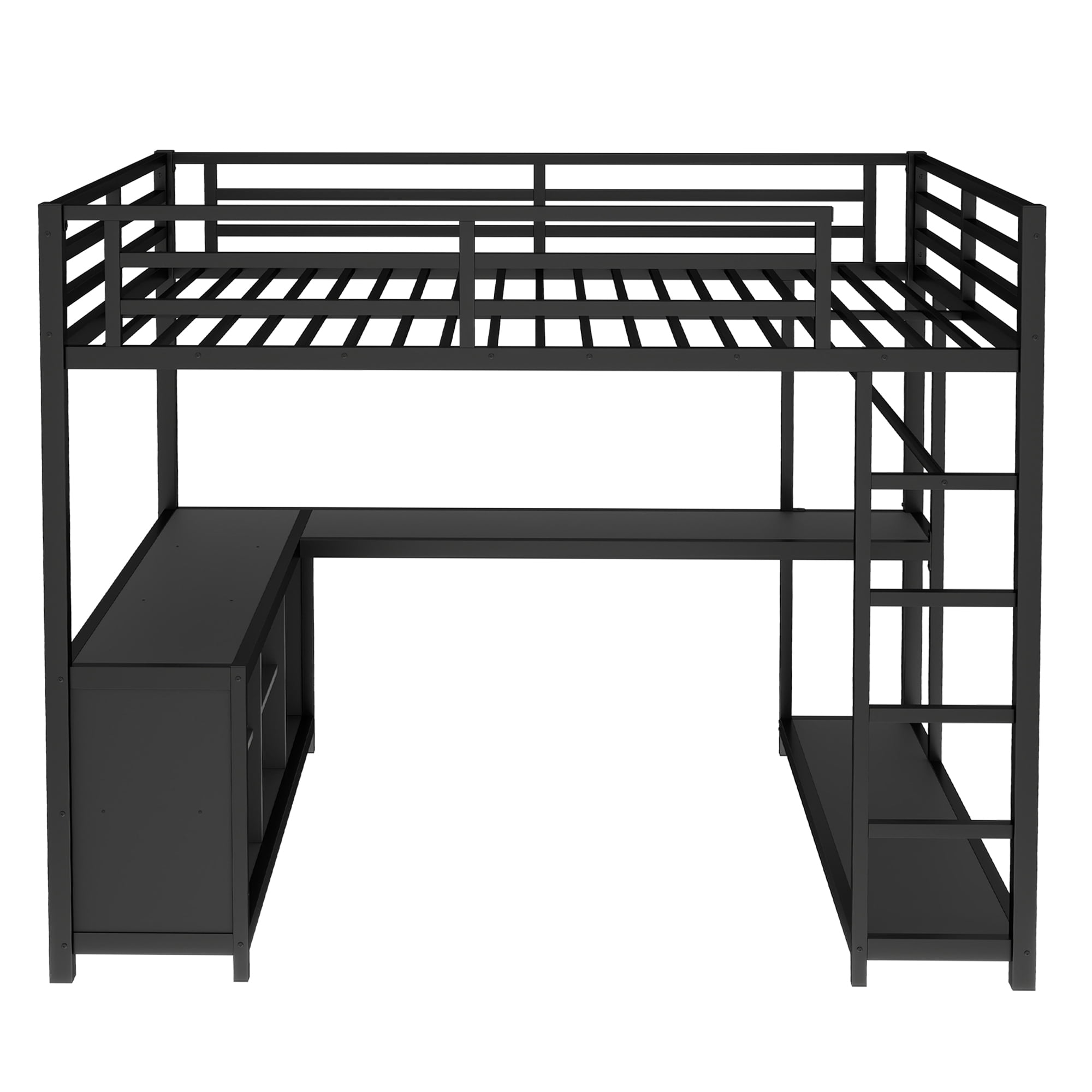Aukfa Queen Metal Loft Bed with L-Shaped Desk, Clothes Rail, Storage Shelves & Cubes, Heavy-Duty Bed Frame for Kids, Teens & Adults, Black