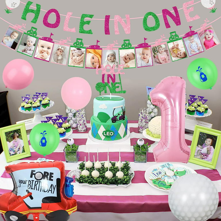 Hole in One Birthday Decorations Girl, Pink and Green Golf Theme 1st Birthday  Party Supplies, Hole in One Photo Banner Golf Balloons Birthday Cake Decor  for Little Golfer First Birthday Party 