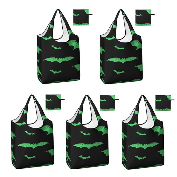 5 Pack Foldable Shopping Bag,Black Halloween Bats with Green Reusable Grocery Bags with Pockets,Large Reusable Tote Bags with Handles Waterproof & Lightweight