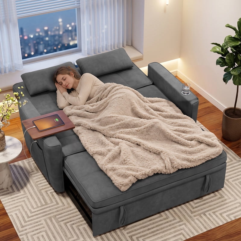 avobird 54'' Pull Out Sofa Bed, Convertible Sleeper Couch for for Living Room, Side Desk, USB Ports, Cup Hold, Velvet Fabric, Adjustable Backrest, Dark Gray