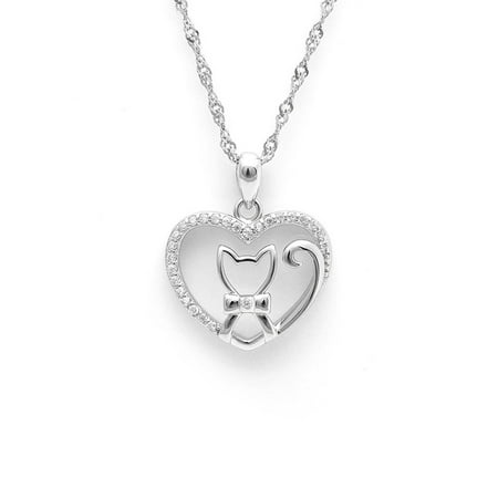Kitty Cat Design Sterling Silver CZ Pendant Chain Necklace Ginger Lyne Collection