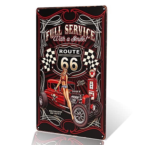 Full Service Hot Rod Route 66 Die Cut Metal Sign pin up girls with smile vintage Garage wall art
