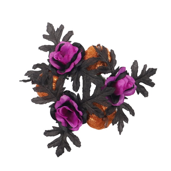 Candle Ring Halloween Wreath with Artificial Flowers and Pumpkins, Mini Table Centerpiece, Spooky Holiday Decor, Durable Plastic Leaves, 9.06"X9.06"X1.97", for Tabletop Mantel Decor