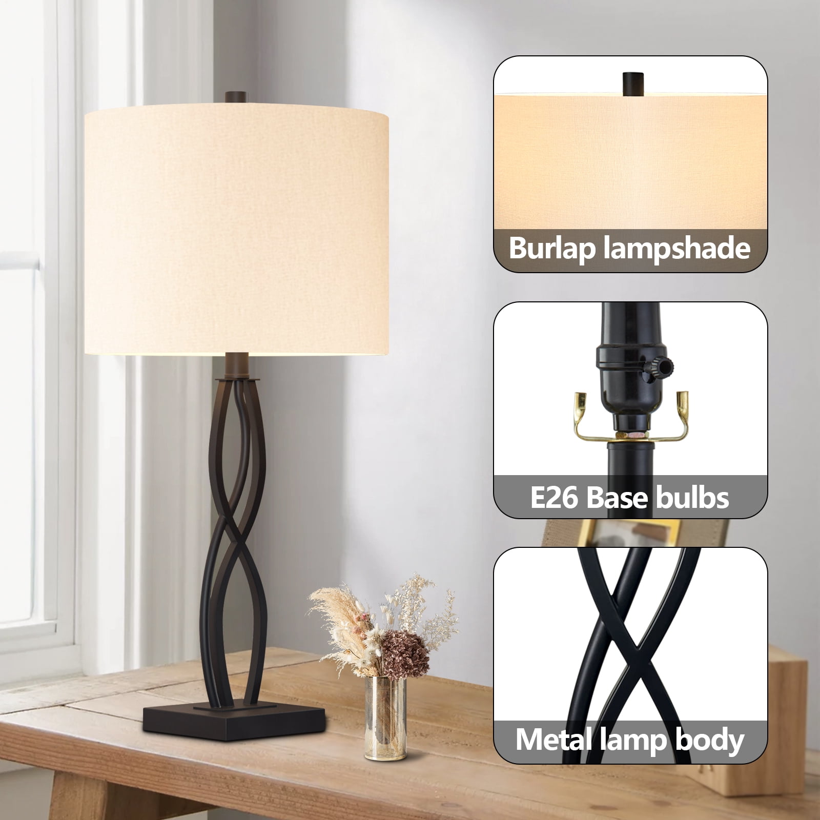 Maxax 26" Large Black Table Lamp Set of 2 – Modern Metal Nightstand Lamps with White Fabric Shades for Living Room, Bedroom, and Office