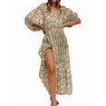thumbnail image 3 of Womens Loose Fit Casual Summer V Neck Lace-Up Half Sleeve Bohemian Geometric Pattern Midi Dresses Olive Green XXL, 3 of 6