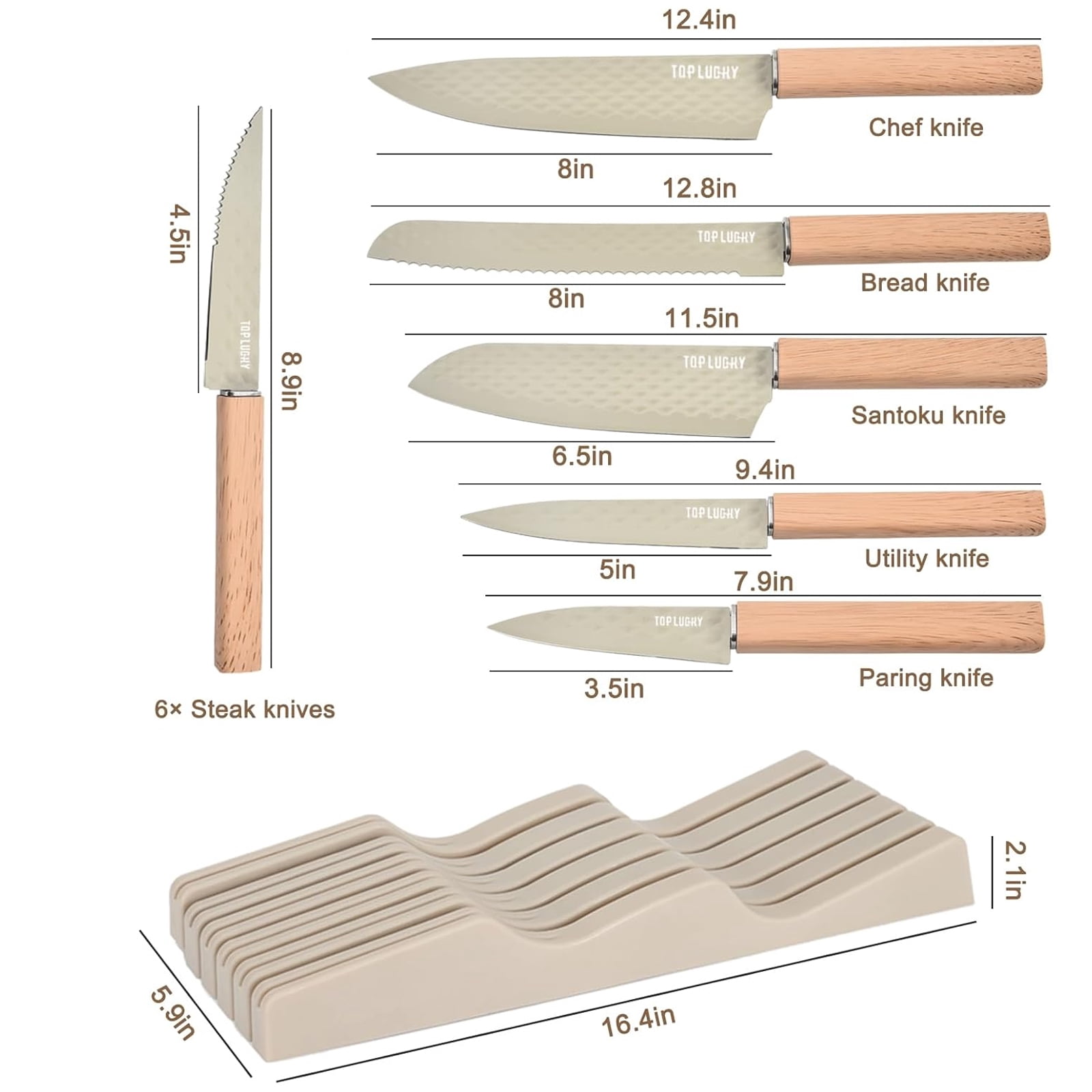 In-Drawer Kitchen Knife Set, 12 Pieces Knife Block Set with In-Drawer Knife Organizer, Sharp & Non-stick Stainless Steel Chef Knife Set, Kitchen Knives Set for Kitchen Home Apartment