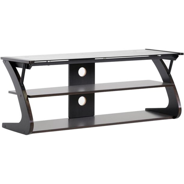 Sculpten Dark Brown and Black Modern TV Stand with Glass Shelves