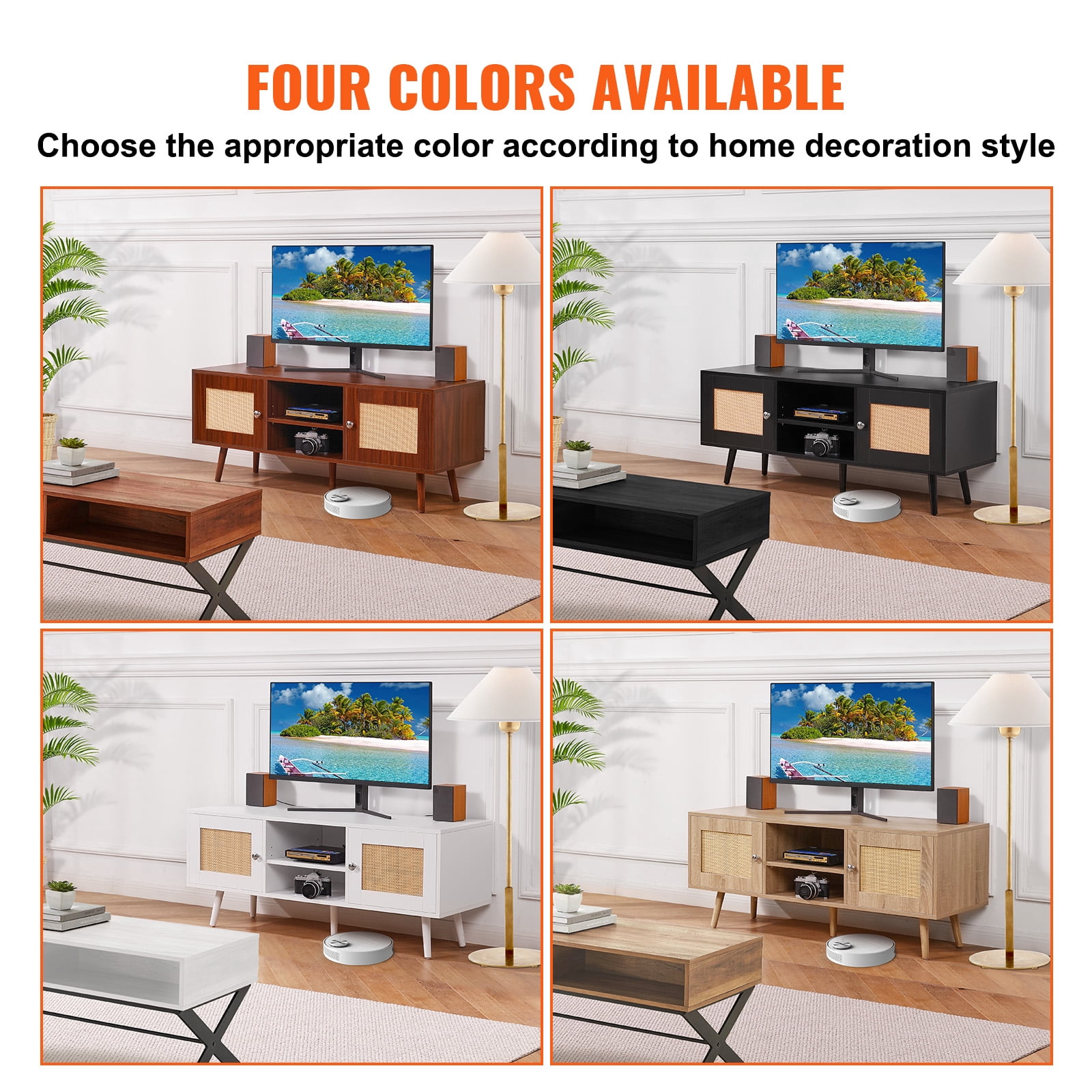 KFFKFF Wicker Television Stand, Bohemian Entertainment Center for 55" TVs, Contemporary Media Console with Flexible Shelving, Ideal for Living Spaces, Media Areas, in White