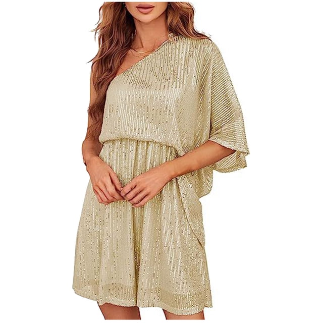 EGNMCR Robes de Fête pour Femmes Dames Robe d'Été à Paillettes à une Épaule Robe de Fête Scintillante