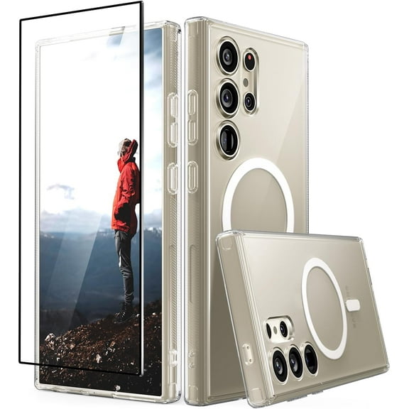 CaseBorne Slim Series Compatible with Samsung Galaxy S24 Ultra Case - [3-in-1 Combo] [Ultra Clear Hybrid Magnetic Cover] with Tempered Glass Screen Protector
