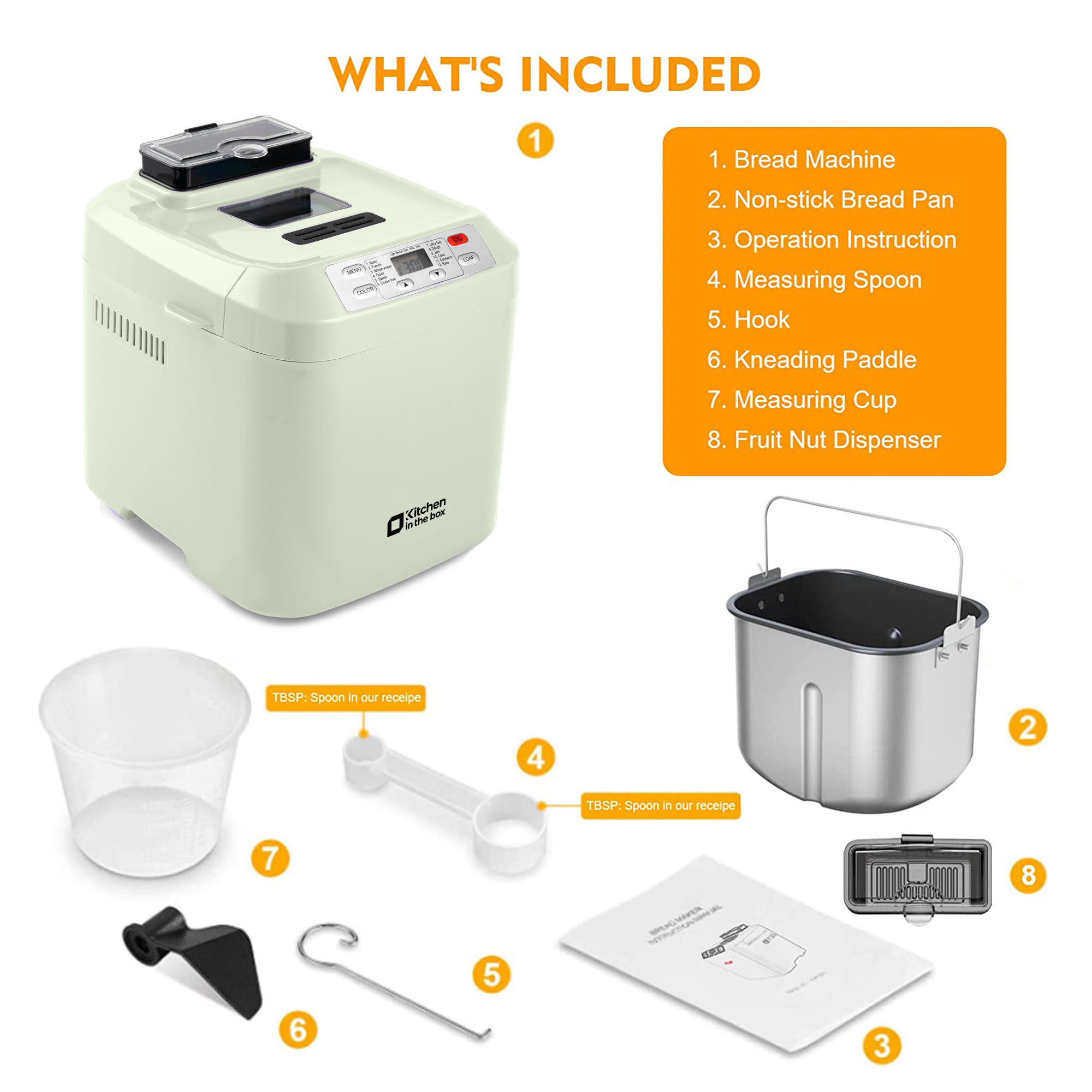 Kitchen in the Box 2lb Bread Maker with Auto Fruit Nut Dispenser, 12-in-1 Gluten-Free Bread Machine, 13H Delay Timer, Nonstick Pan, Keep Warm, Green