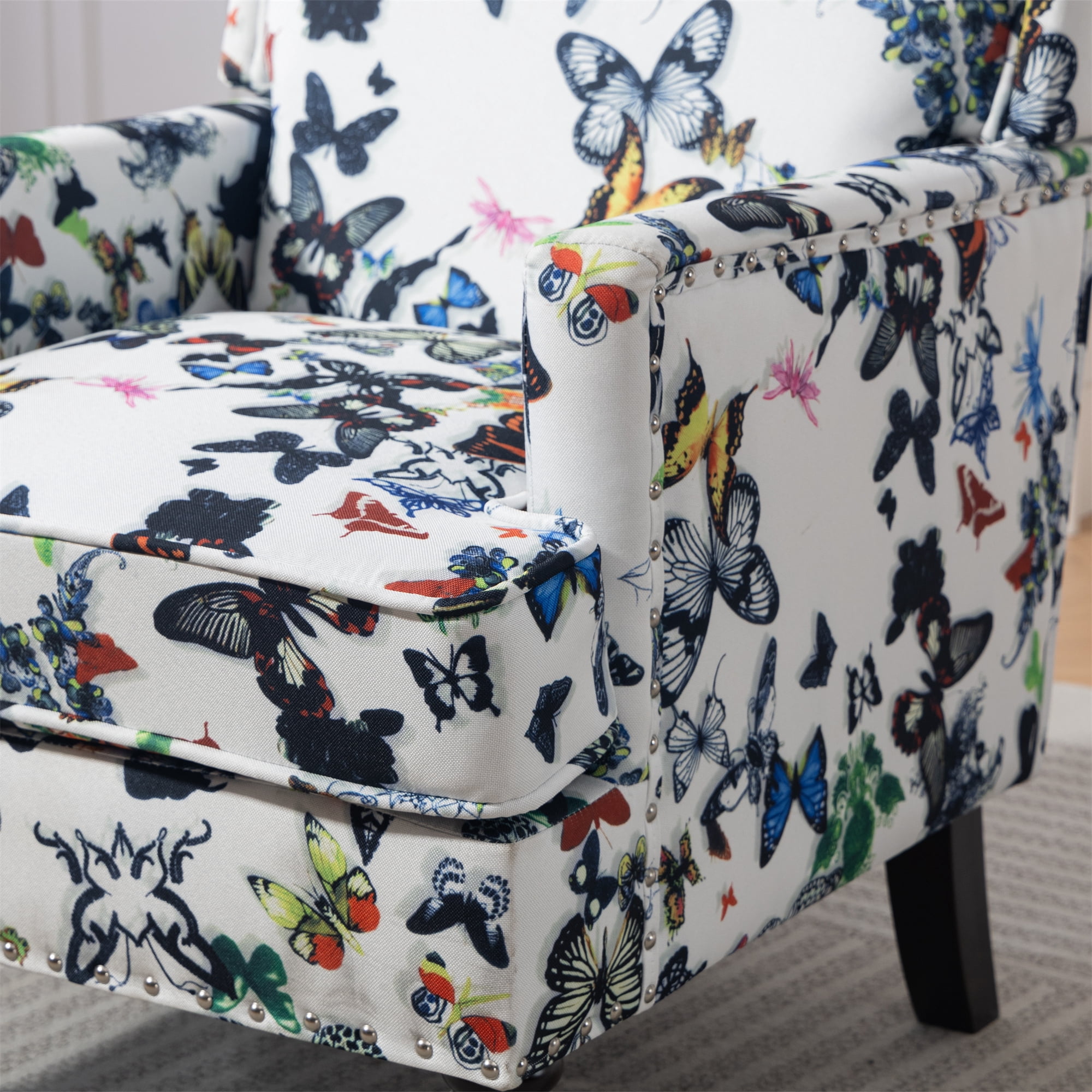 Aukfa Accent Chair Mid-Century Modern High Back Armchair Lounge for Living Room, Rivet Trim, Butterfly Pattern