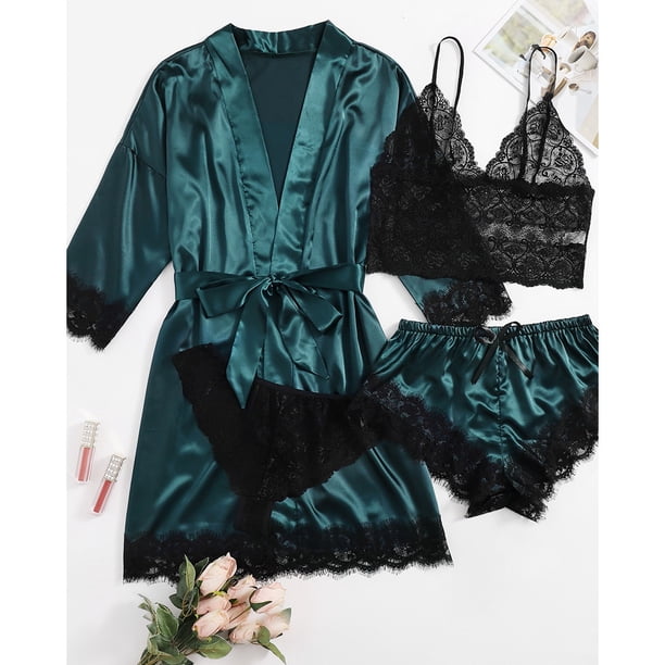 Conjunto de pijama de encaje de cuatro piezas para mujer, traje de tirantes, lencería sexy para mujer, bata de seda para dormir, encaje