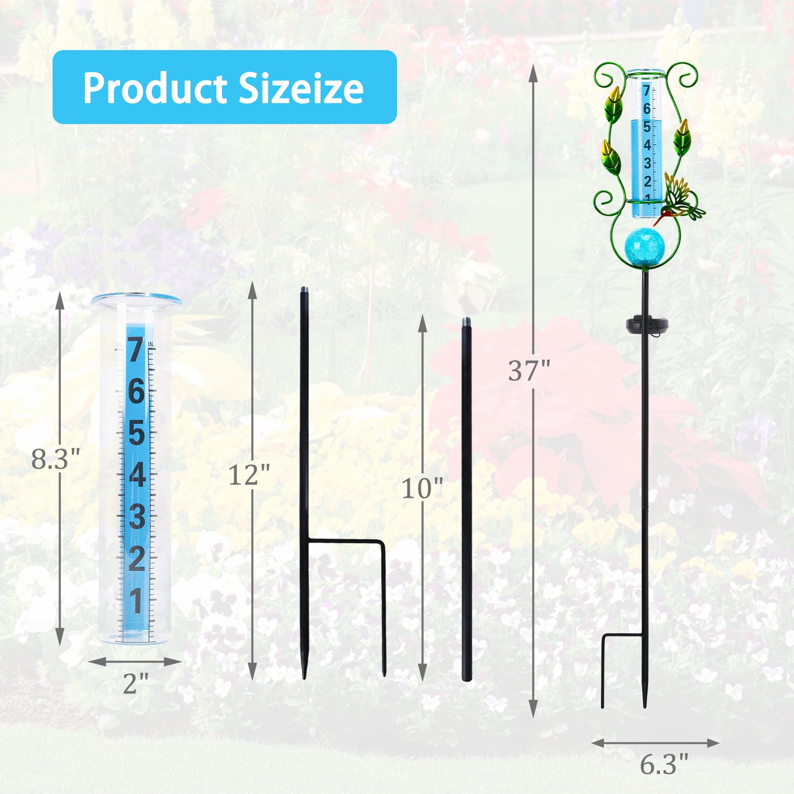 Outdoor Hummingbird & Leaf Solar Rain Gauge,Crackle Glass LED Ball, Metal Garden Stake for Patio, Lawn & Outdoor Decor