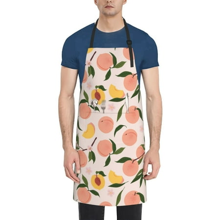 

Tebeau Peach With Leaves1 Print Waterproof Cooking Aprons Adjustable Bib Soft Chef Apron with 2 Pockets for Men Women