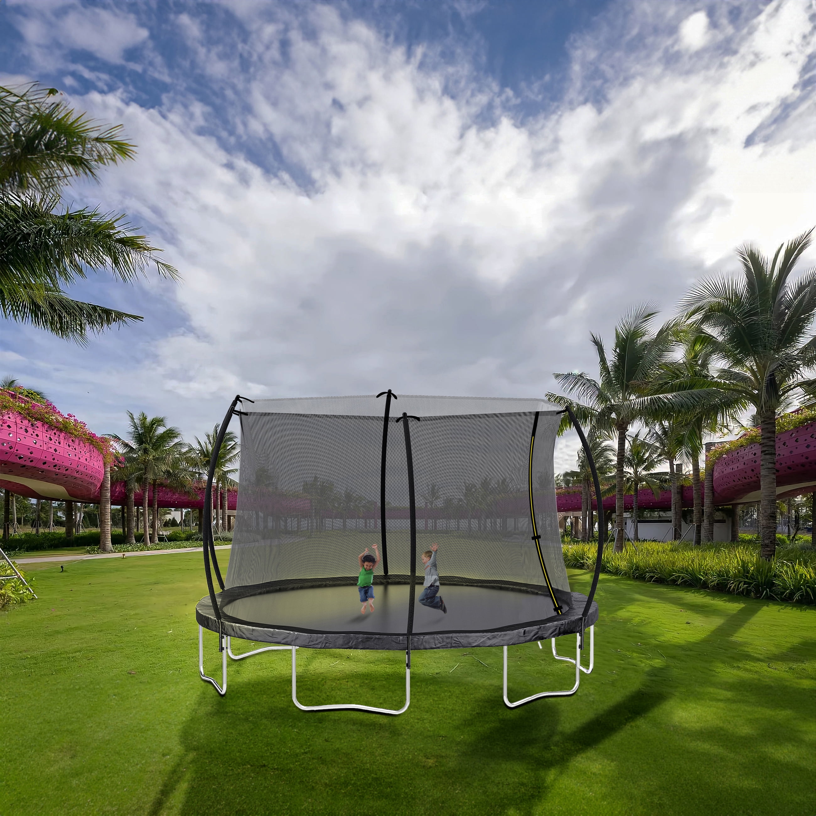 Mini Trampoline, 12FT Trampoline (Double-side color pad) , Trampoline for Kids and Adults with Enclosure Net and Ladder,Curved fence pole, Black Trampoline For Kids,Steel Fitness Trampoline