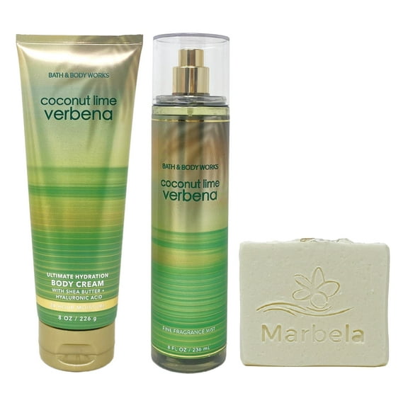 Bath & Body Works Coconut Lime Verbena Body Cream and Fragrance Mist Duo Set with a Natural Oats Bar Soap - Full Size
