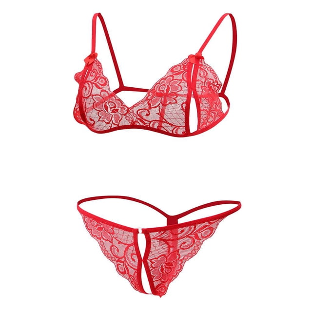 Conjunto de lencería y sujetador de encaje para mujer, ropa de dormir rojo