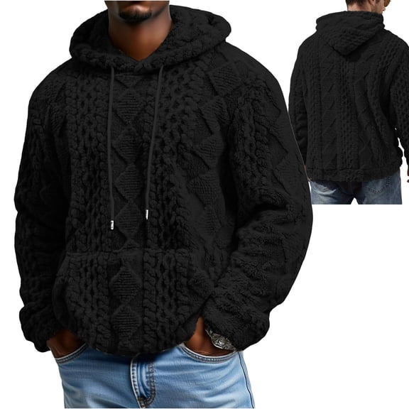 Cyglowse Thermal Hoodie for Men Double Sided Fleece Sherpa Lined Pullover with Pocket Long Sleeve Thick Winter Sweatshirt Black M