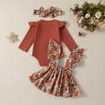 thumbnail image 4 of Odeerbi 0-18 Months Toddler Girls Summer Outfits Layette Set Rib Knit Cotton Bodysuit Floral Suspender Skirt Headband Three Piece Set Solid Color Ruffle Jumpsuit Set Toddler Girls Clothes, 4 of 8