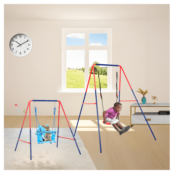 2-in-1 Baby Swing Set - Green & Blue - Outdoor Toddler Swing - Adjustable Height - 3  Years - 110lbs Capacity Blue Red   Steel
