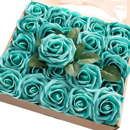 Artificial Flowers 25pcs Real Looking Teal Green Fake Roses w/Stem for DIY Wedding Bouquets Centerpieces Bridal Shower Party Home Decorations