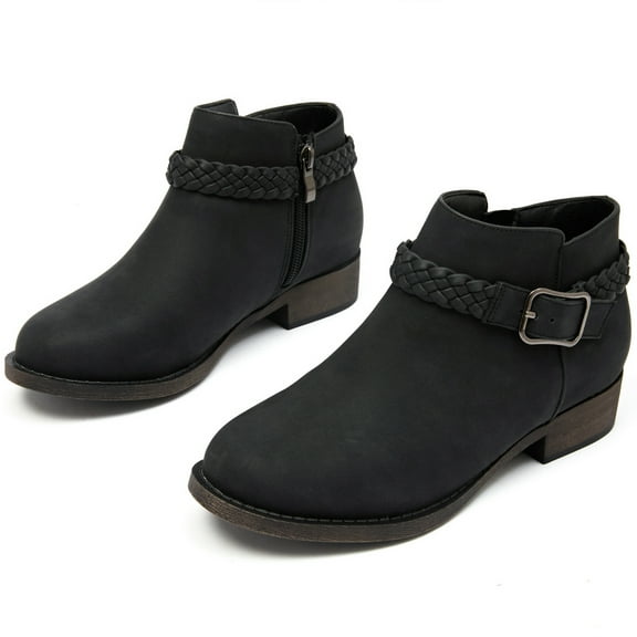 Women's Ankle Boots - Classic Side Zip, Comfortable Platform, Cover with Buckle Strap, Round Toe, Low Chunky Heel Comfort Slip On Fashion Black Boots.