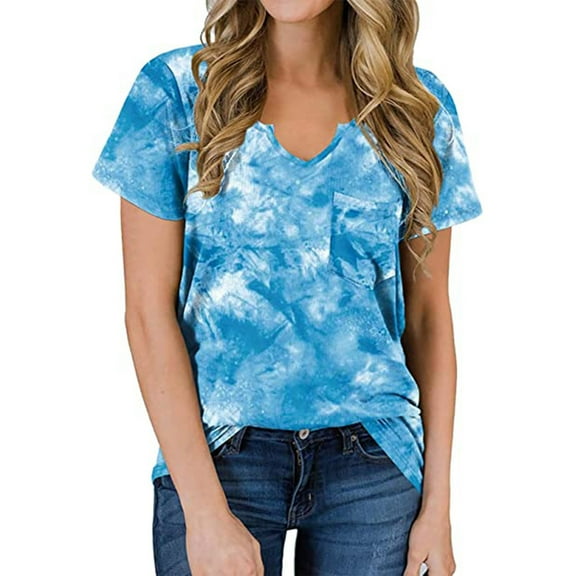Giftesty Women Gradient Print V-Neck Pocket T-Shirt Tops Short Sleeve Loose Blouse