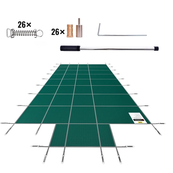 18x36 Foot Inground Safety Pool Cover Winter, Green Mesh with reinforced 4x8ft Solid End Panel for Steps